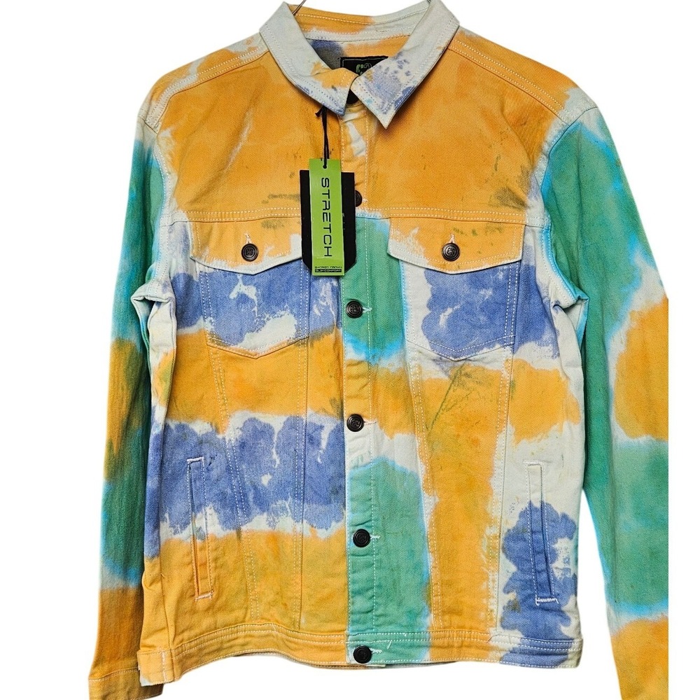 Sacred Crown Kids Tie Dye Denim Trucker Jacket Yellow Blue Green Size L 14/16